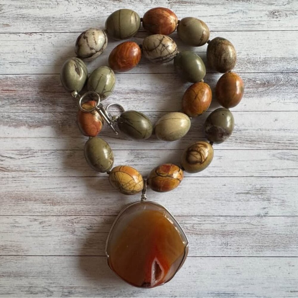 17” Rainbow Picasso and Agate Druzy Necklace with Stirling Silver Clasp